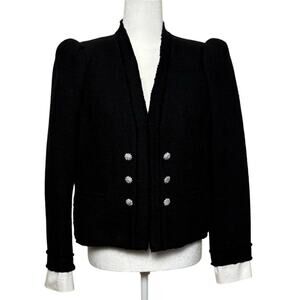 Zara Tweed Poplin Blazer Women's L Black Open Front Jewel Buttons Boucle Dressy
